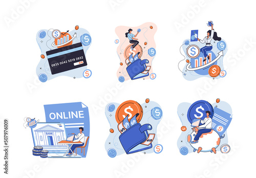 Saving account concept metaphor. People with coins and piggy bank. Accumulation of funds, wealth, passive income. Receiving interest from keeping money, safe future. Banking services, internet payment