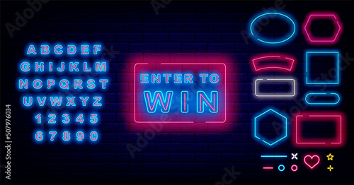 Enter to win neon sign. Game design. Casino concept. Blue shiny alphabet. Frames collection. Vector illustration