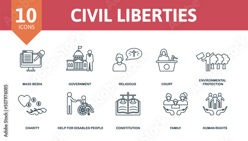 Civil Liberties set icon. Editable icons civil liberties theme such as mass media, religious, environmental protection and more.