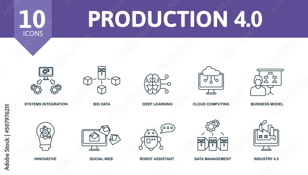 Production 4.0 icon set. Contains editable icons industry 4.0 theme such as systems integration, deep learning, business model and more.