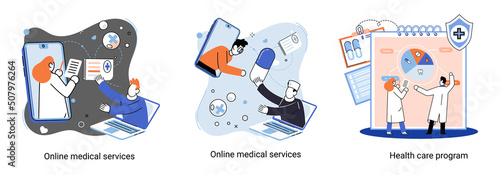 Health care program metaphor, online medical services, protection medicine. Medical insurance, hospital services, preventive check up, sick leave certificate treatment diagnosis patients, telemedicine