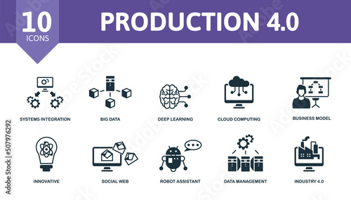 Production 4.0 icon set. Contains editable icons industry 4.0 theme such as systems integration, deep learning, business model and more.