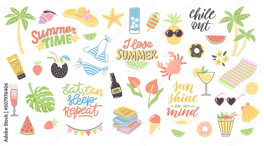 Colorful summer clipart set with lettering. Hand-drawn holiday decoration. Isolated vector illustration design with summer elements. Colorful summer clipart set with lettering. Hand-drawn holiday decoration. Isolated vector illustration design with summer elements.
