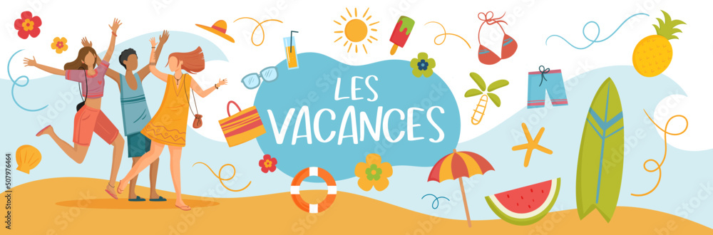 Les vacances au soleil - Bannière autour des congés d'été - Titre et illustrations vectorielles colorées