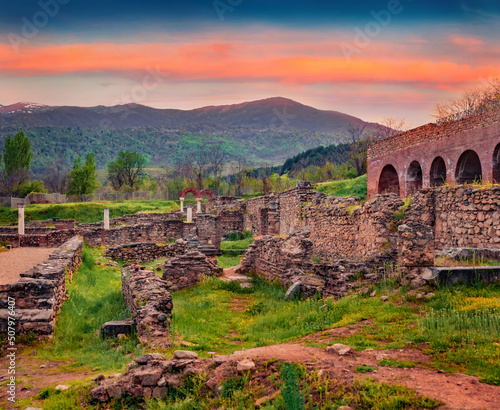 Sunrise in Bitola town, North Macedonia, Europe. Captivating spring view of archaeological site - Heraklea Lynkestis. Historical site with ruins of Heraclea city. photo
