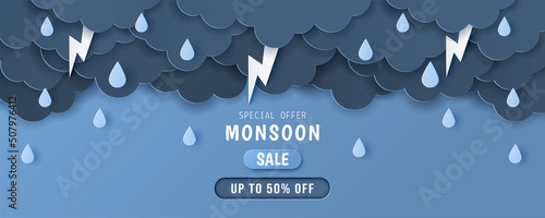 Paper cut of monsoon sale offer banner template with clouds, rain drop and  lightning on dark blue background. Vector illustration