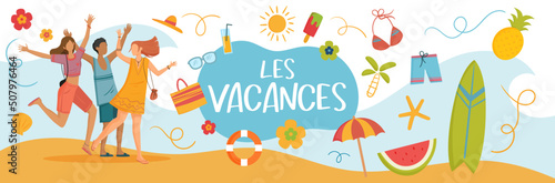 Les vacances au soleil - Bannière autour des congés d'été - Titre et illustrations vectorielles colorées