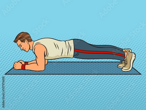 Man doing plank exercise workout pop art retro vector illustration. Comic book style imitation.