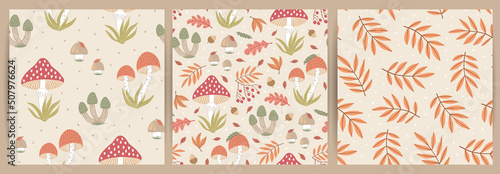 Set of hand-drawn seamless patterns with wild mushrooms and autumn leaves. Colorful seasonal illustration for paper and gift wrap. Fabric print design. Creative stylish background.