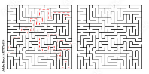 Square maze, a simple logic game with labyrinths. Vector maze game.