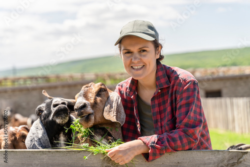 Portrait Woman Breeder of cattle of goats of the Anglo-Nubian breed. Close-up female farmer feeding goats with green grass on countryside background. Livestock farmers insurance. Healthy lifestyle
