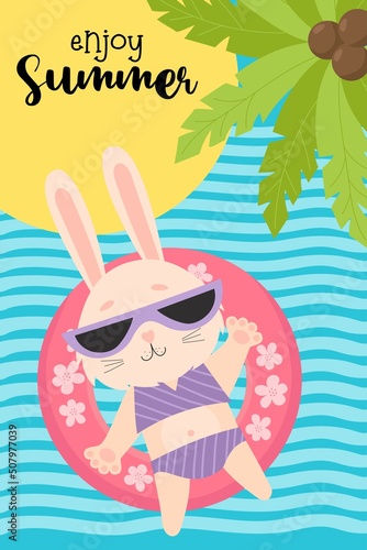 Tropical postcard enjoy summer. cute rabbit in sunglasses floats on waterproof rubber ring under palm trees. Vector illustration. Summer bunny character tourist in swimsuit for design, print, postcard