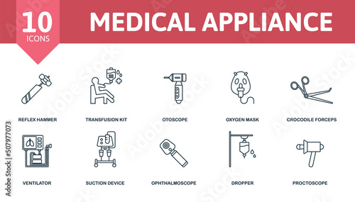 Medical Appliance set icon. Editable icons medical appliance theme such as reflex hammer, otoscope, crocodile forceps and more.
