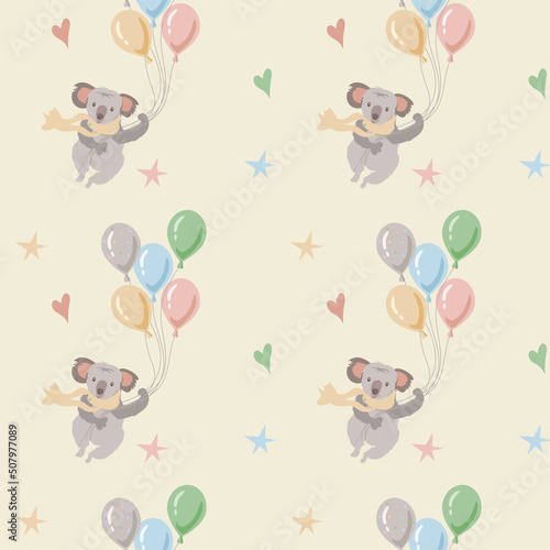 Children pattern koala on balloons on a beige background