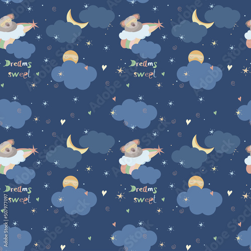 Koala pattern. Sleeping koala in the night sky, blue clouds, moon and moon.Print for children clothing