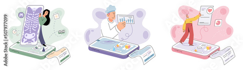 Online medical consultation and support metaphor. Online doctor. Healthcare services, Ask doctor. Tele medicine e-health service. Therapist videocalling phone screen. Diagnosis treatment of patients