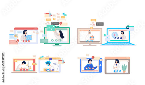 Online doctor conference, consultation via your smartphone. Concept for medical app and websites. Remote meetings of scientists conferring on fight against viruses and scientific researches