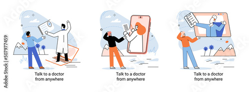 Online medical services mobile application consultation and prescription medicine professional doctor connecting and giving consultation for patient anywhere telemedicine metaphor, health care program