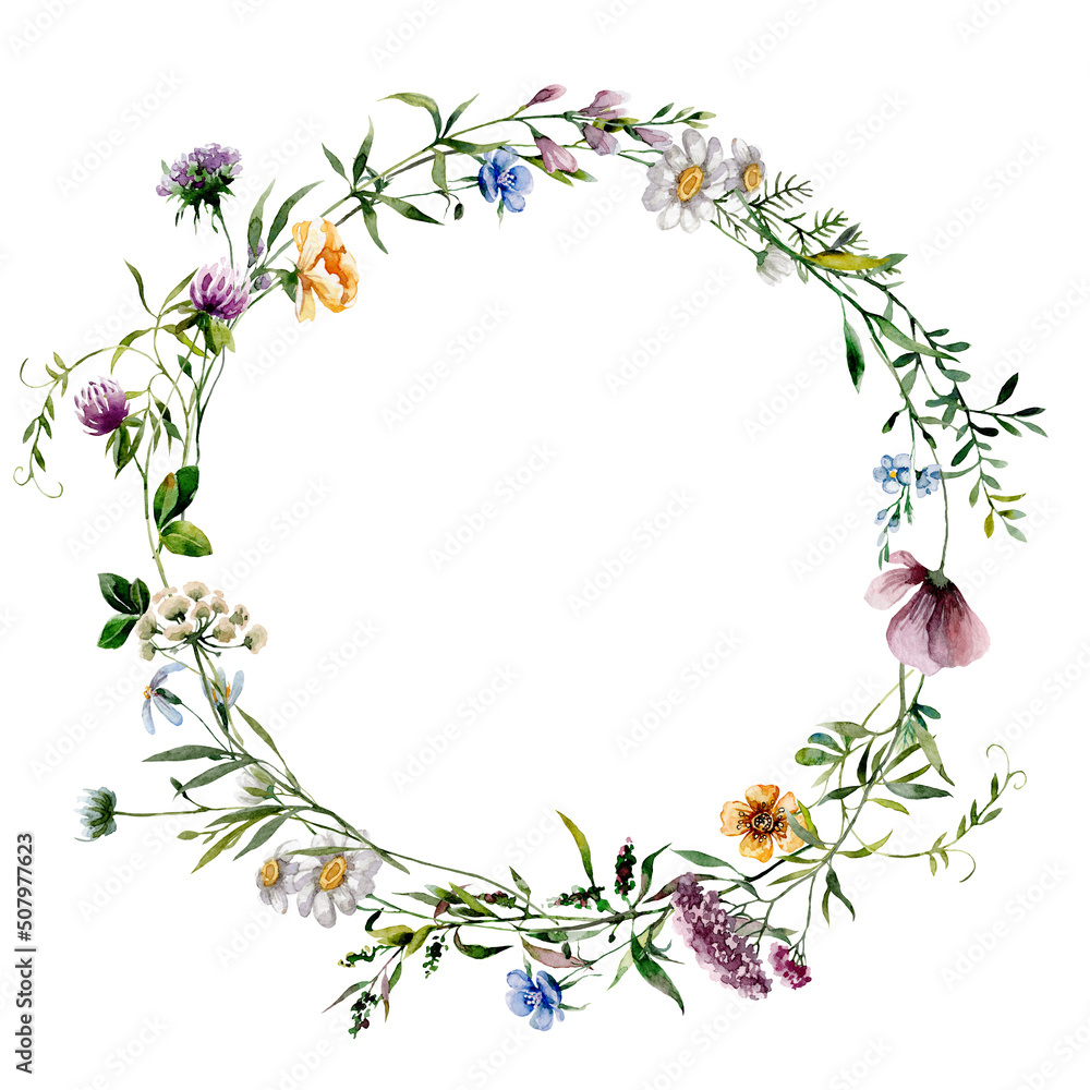 Wreath of wildflowers. Watercolor illustration frame meadow flowers for card, invitation, scrapbooking.