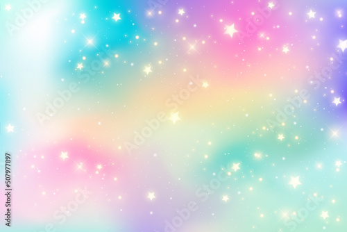 Rainbow unicorn fantasy background with stars. Holographic illustration in pastel colors. Bright multicolored sky. Vector.