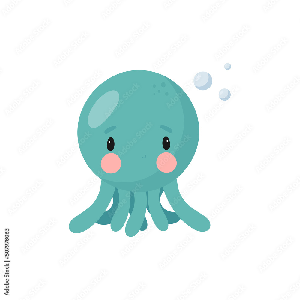 Cute Octopus. Cartoon style. Vector illustration. For card, posters, banners, books, printing on the pack, printing on clothes, fabric, wallpaper, textile or dishes. Cute Octopus. Cartoon style. Vector illustration. For card, posters, banners, books, printing on the pack, printing on clothes, fabric, wallpaper, textile or dishes.