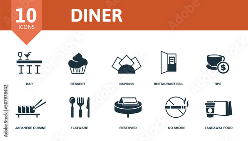 Diner set icon. Editable icons diner theme such as bar, napkins, tips and more.