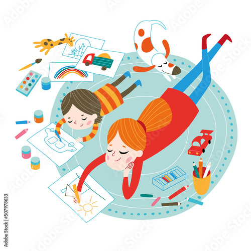 Happy family. A mother with her son are drawing pictures.Vector illustration isolated on a white background.