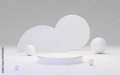 White cylinder and circle podium abstract geometric shapes background. Lilac  Purple light pedestal or stage modern . Empty abstract minimal studio room. Mockup space for product design. 3D rendering.