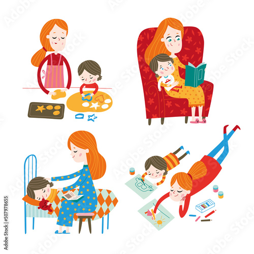 Happy family. A mother and her son. Graphic set. Vector illustration isolated on a white background.