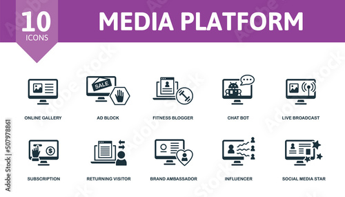 Media Platform set icon. Editable icons media platform theme such as avatar, chatbot, geotargeting and more. © Mariia