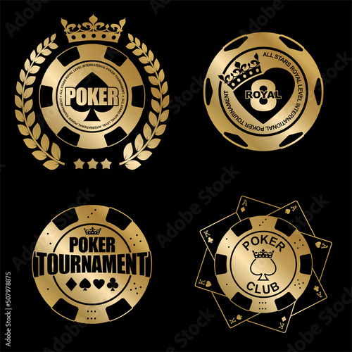 Golden poker club tournament emblem isolated monochrome logo on black background. Poker chip with spades in crown and laurel wreath. Casino chip on cards set. Vector graphic casino sign design set