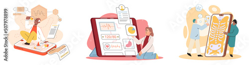 Online medical consultation and support metaphor. Online doctor. Healthcare services, Ask doctor. Tele medicine e-health service. Therapist videocalling phone screen. Diagnosis treatment of patients