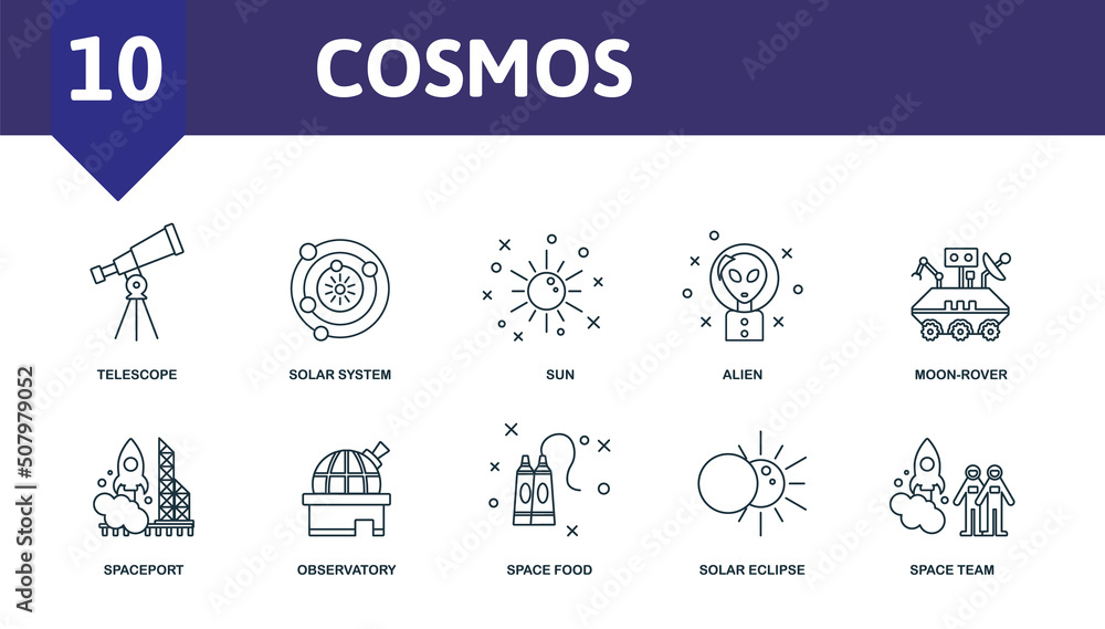 Cosmos set icon. Editable icons cosmos theme such as solar system, alien, spaceport and more. Cosmos set icon. Editable icons cosmos theme such as solar system, alien, spaceport and more.