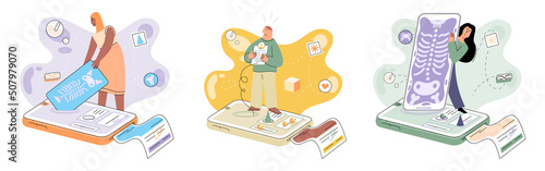 Online medical consultation and support metaphor. Online doctor. Healthcare services, Ask doctor. Tele medicine e-health service. Therapist videocalling phone screen. Diagnosis treatment of patients