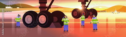 aviation marshallers using walkie talkie air traffic controllers airline worker in signal vests professional airport staff