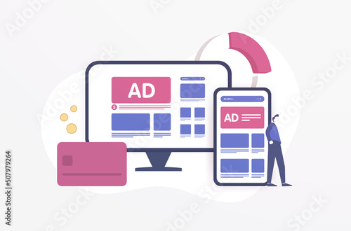 Successful native in-feed advertising campaign strategy. Inbound online marketing with programmatic social network advertising on the smartphone and desktop display. Isolated on white background photo