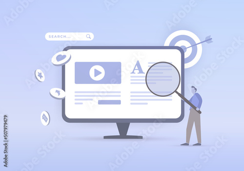 Create High-Quality Content for seo search engines optimization and peoples. Creation, development and research content concept. A drawn character with a magnifying glass studies an article on website