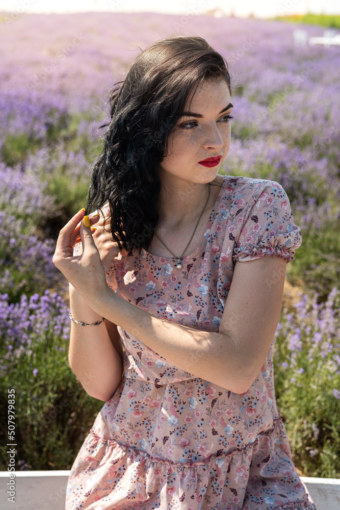 Attractive woman with makeup posing on lavender field Attractive woman with makeup posing on lavender field
