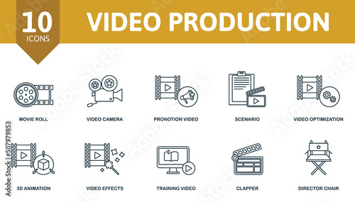 Video Production set icon. Contains video production illustrations such as video camera, scenario, 3d animation and more.