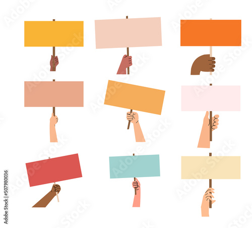 Hands holding banners sign concept set