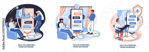 Online medical services mobile application consultation and prescription medicine professional doctor connecting and giving consultation for patient anywhere telemedicine metaphor, health care program