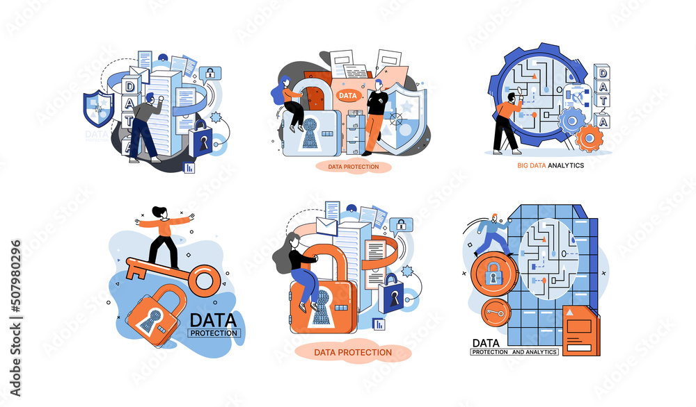 Big data analytics platform, data management and protection creative metaphor set abstract concept. Data center room disk infrastructure business information safety. Technology Internet and network Big data analytics platform, data management and protection creative metaphor set abstract concept. Data center room disk infrastructure business information safety. Technology Internet and network