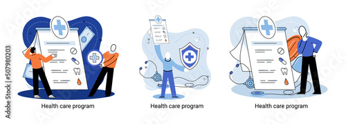 Health care program metaphor, online medical services, protection medicine. Medical insurance, hospital services, preventive check up, sick leave certificate treatment diagnosis patients, telemedicine