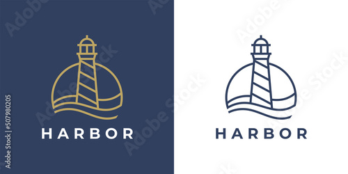 Lighthouse logo. Harbor icon. Light beacon symbol. Maritime tower emblem. Vector illustration.
