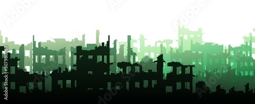 Ruined city. Unpleasant design. Apocalypse natural or war. Isolated on white background. Sad landscape of destruction. Vector