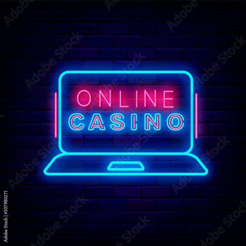 Online casino neon sign in laptop frame. Internet gambling game. Winner concept. Vector stock illustration