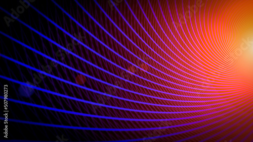 Fototapeta Naklejka Na Ścianę i Meble -  3d abstract neon data background. Colored glowing energy lines, spheres and pulses on an empty black background. Wallpaper, technology, visual, composition, web, internet data concept.