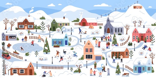 Winter landscape of village in snow, people on holidays. Cute Christmas town panorama with families, children during outdoor funs, activities outside of houses on vacations. Flat vector illustration