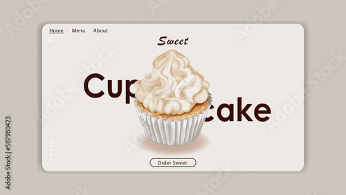 Watercolor of vanilla cupcake website template vector design
