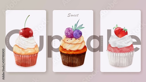 Collection of watercolor berry cupcake vector design